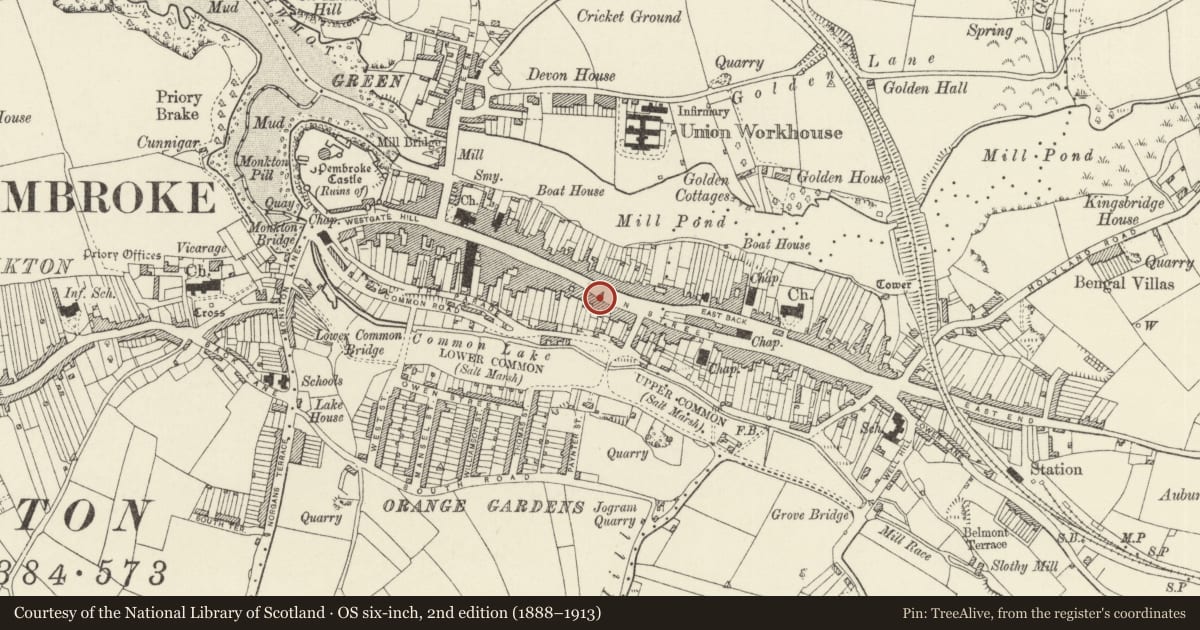 Ordnance Survey six-inch map, 2nd edition (1888–1913) covering the location of 57 Main Street, Pembroke, Pembrokeshire, with a pin at the register's coordinates