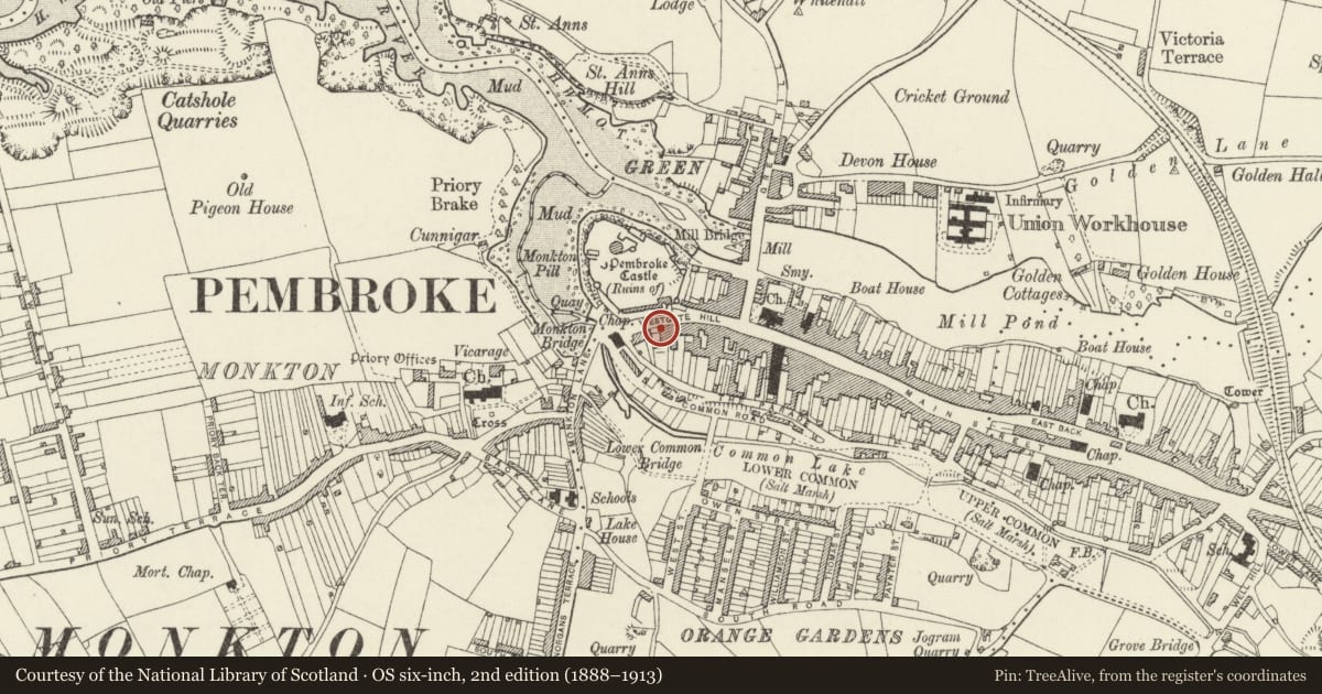 Ordnance Survey six-inch map, 2nd edition (1888–1913) covering the location of Clifton House, Pembroke, Pembrokeshire, with a pin at the register's coordinates