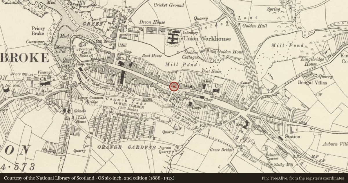 Ordnance Survey six-inch map, 2nd edition (1888–1913) covering the location of 82 Main Street, Pembroke, Pembrokeshire, with a pin at the register's coordinates