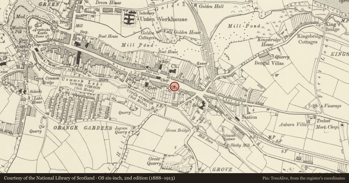 Ordnance Survey six-inch map, 2nd edition (1888–1913) covering the location of 115 Main Street, Pembroke, Pembrokeshire, with a pin at the register's coordinates