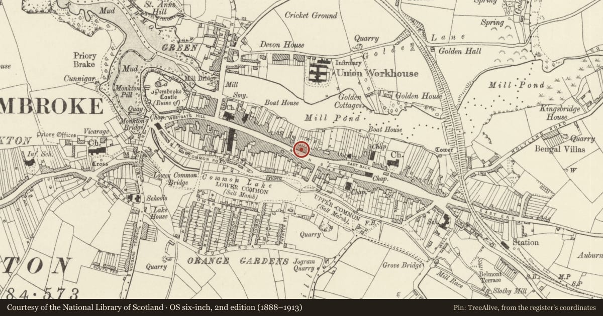 Ordnance Survey six-inch map, 2nd edition (1888–1913) covering the location of 64 & 66 & 68 Main Street including forecourt gatepiers and railings, Pembroke, Pembrokeshire, with a pin at the register's coordinates