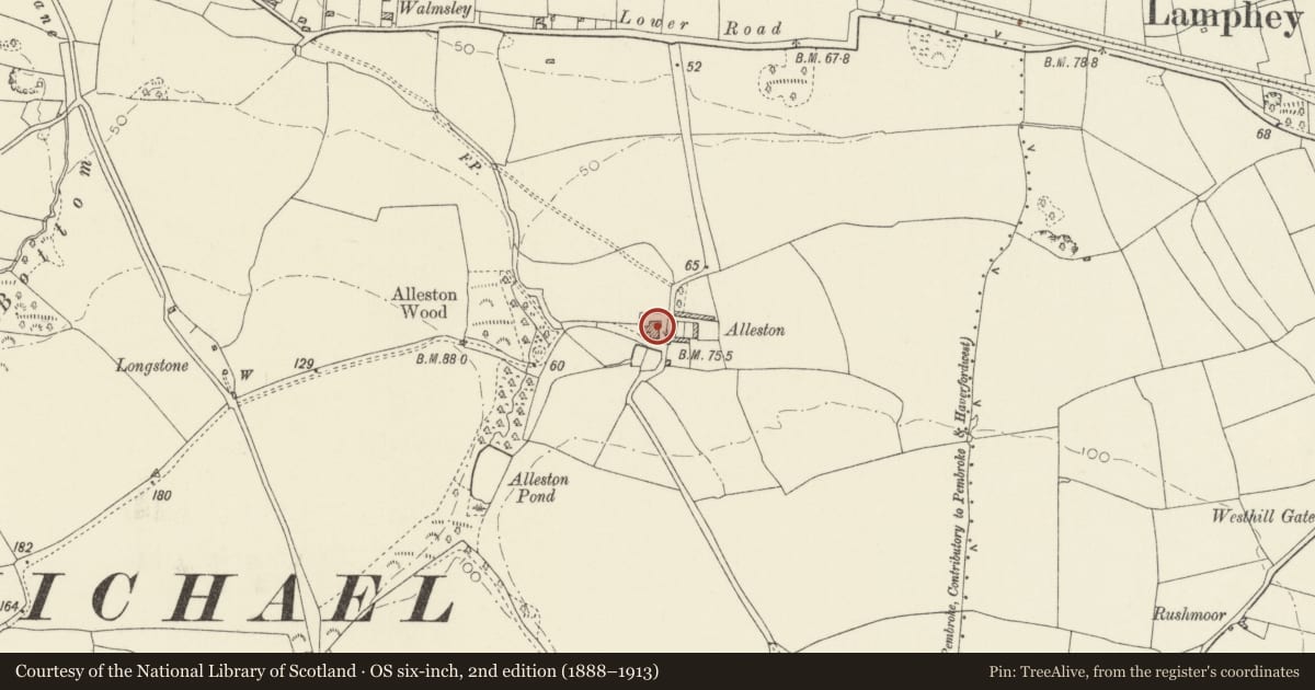 Ordnance Survey six-inch map, 2nd edition (1888–1913) covering the location of Alleston, Pembroke, Pembrokeshire, with a pin at the register's coordinates