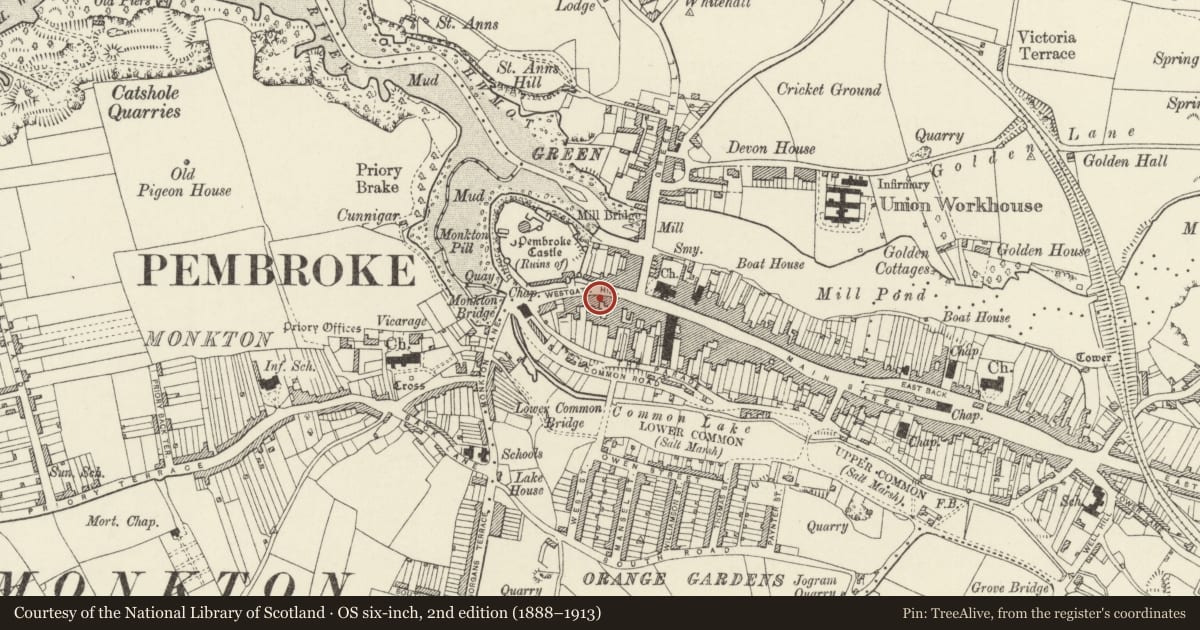 Ordnance Survey six-inch map, 2nd edition (1888–1913) covering the location of Cromwell House, Pembroke, Pembrokeshire, with a pin at the register's coordinates