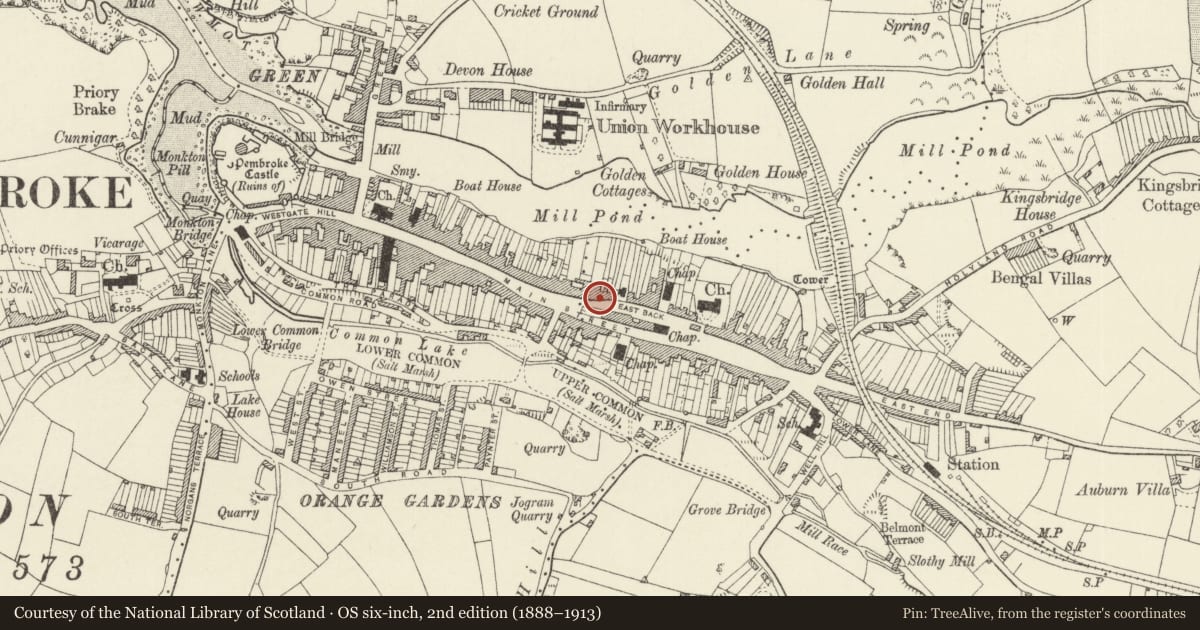 Ordnance Survey six-inch map, 2nd edition (1888–1913) covering the location of Elmside, Pembroke, Pembrokeshire, with a pin at the register's coordinates