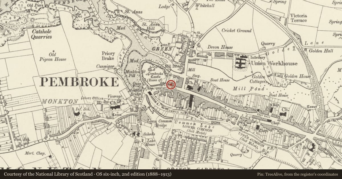 Ordnance Survey six-inch map, 2nd edition (1888–1913) covering the location of Former Drill Hall front buildings, Pembroke, Pembrokeshire, with a pin at the register's coordinates