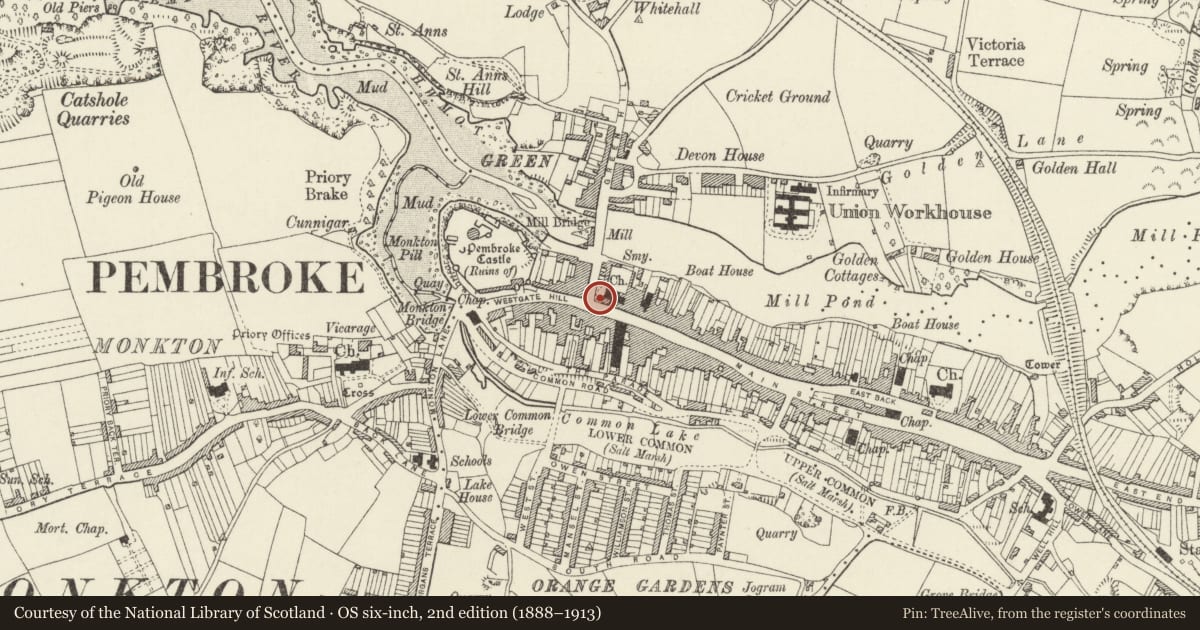 Ordnance Survey six-inch map, 2nd edition (1888–1913) covering the location of Gates at SW, and railings to S and W sides of churchyard of St Mary, Pembroke, Pembrokeshire, with a pin at the register's coordinates