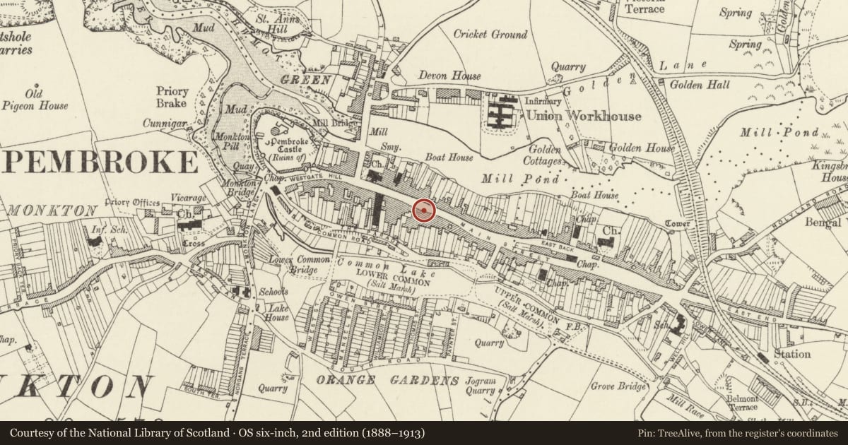 Ordnance Survey six-inch map, 2nd edition (1888–1913) covering the location of Guy Thomas Estate Agents, Pembroke, Pembrokeshire, with a pin at the register's coordinates