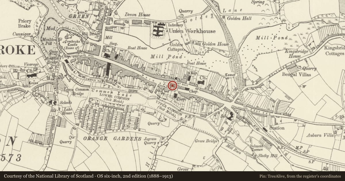 Ordnance Survey six-inch map, 2nd edition (1888–1913) covering the location of Hamilton House, Pembroke, Pembrokeshire, with a pin at the register's coordinates