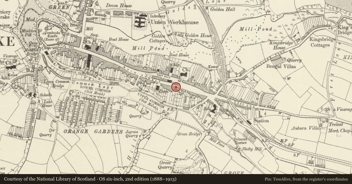 Ordnance Survey six-inch map, 2nd edition (1888–1913) covering the location of Hay's House/Arthur's House, Pembroke, Pembrokeshire, with a pin at the register's coordinates