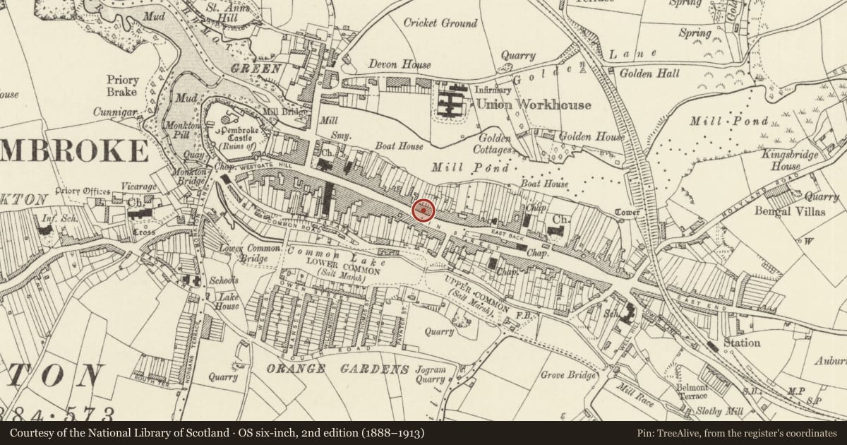 Ordnance Survey six-inch map, 2nd edition (1888–1913) covering the location of No 62 and forecourt railings, Pembroke, Pembrokeshire, with a pin at the register's coordinates
