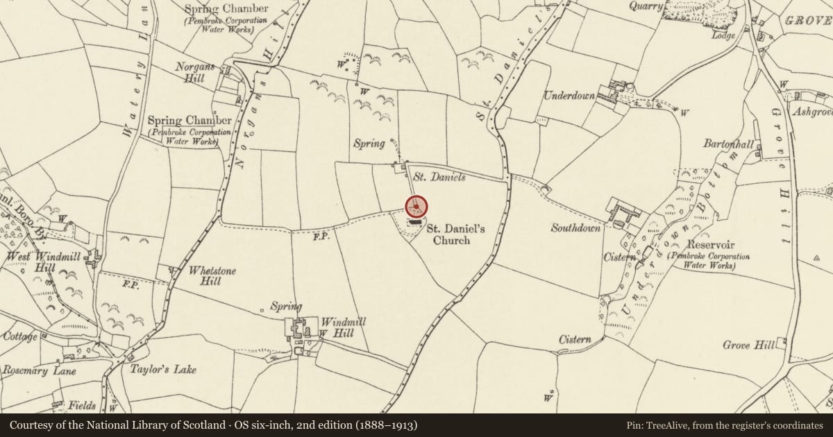 Ordnance Survey six-inch map, 2nd edition (1888–1913) covering the location of Lychgate to churchyard of Church of Saint Daniel, Pembroke, Pembrokeshire, with a pin at the register's coordinates