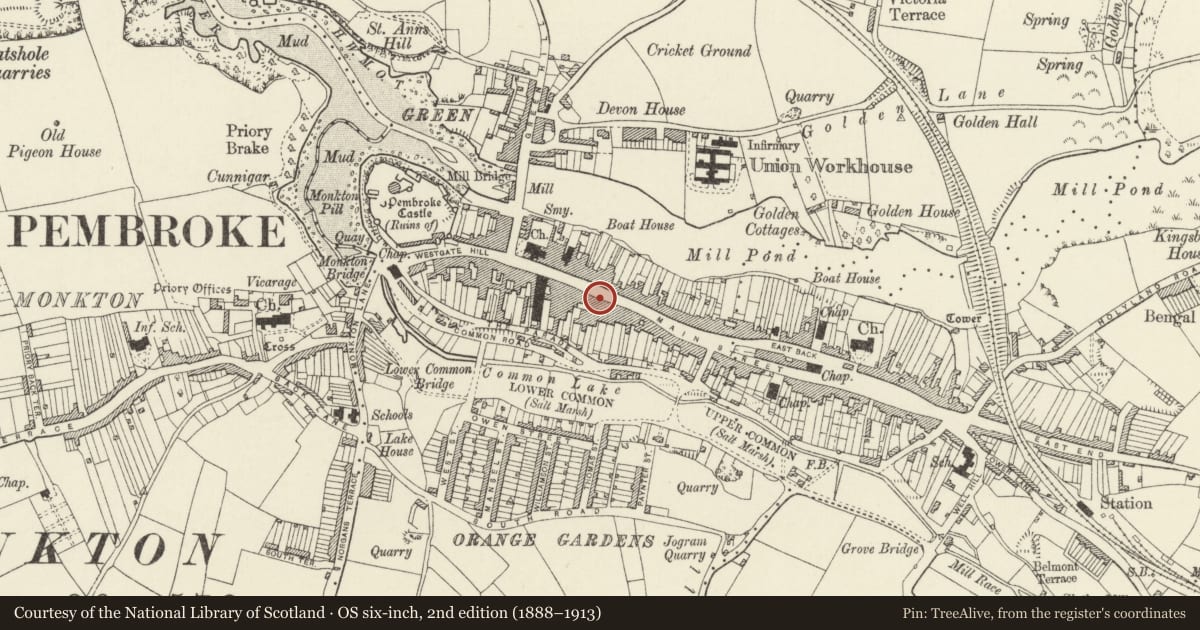 Ordnance Survey six-inch map, 2nd edition (1888–1913) covering the location of Mendus Pharmacy, Pembroke, Pembrokeshire, with a pin at the register's coordinates