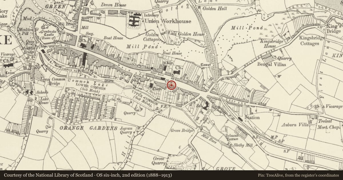 Ordnance Survey six-inch map, 2nd edition (1888–1913) covering the location of Old Cross Saws Inn, Pembroke, Pembrokeshire, with a pin at the register's coordinates