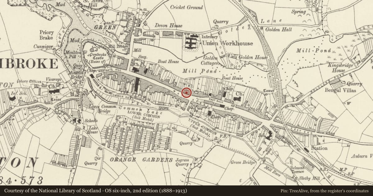 Ordnance Survey six-inch map, 2nd edition (1888–1913) covering the location of Orielton House, Pembroke, Pembrokeshire, with a pin at the register's coordinates