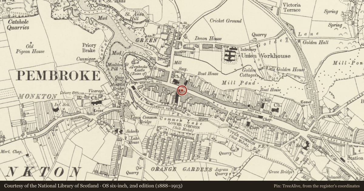 Ordnance Survey six-inch map, 2nd edition (1888–1913) covering the location of Pembroke House, Pembrokeshire, with a pin at the register's coordinates