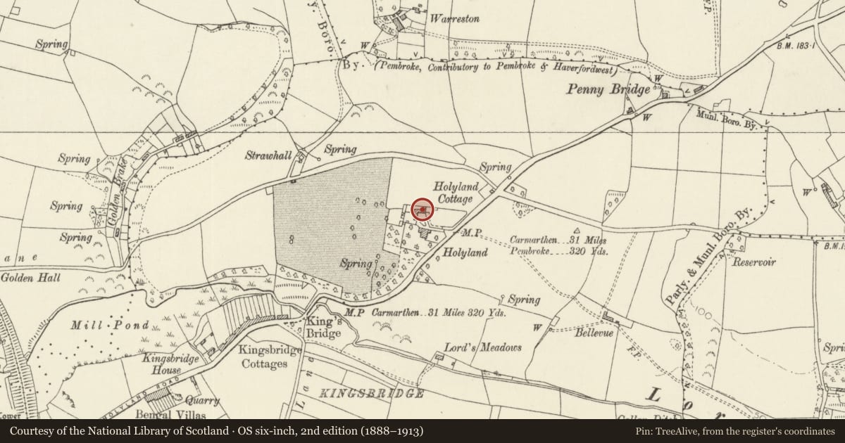 Ordnance Survey six-inch map, 2nd edition (1888–1913) covering the location of Stable range at Holyland, Pembroke, Pembrokeshire, with a pin at the register's coordinates