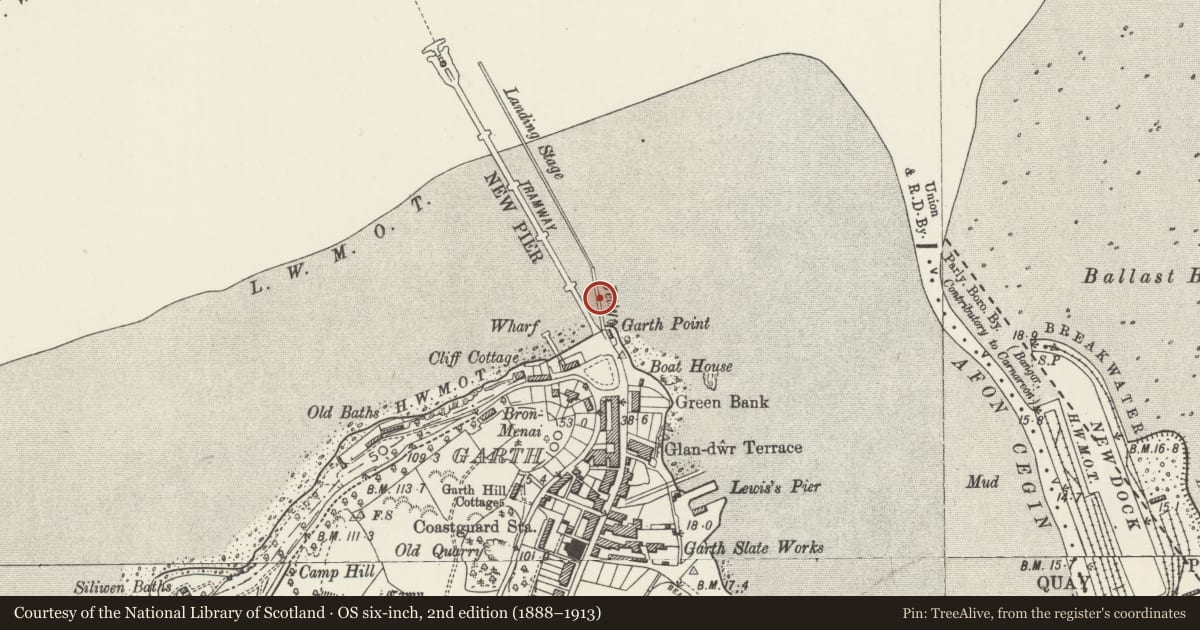 Ordnance Survey six-inch map, 2nd edition (1888–1913) covering the location of Garth Jetty, Bangor, Gwynedd, with a pin at the register's coordinates