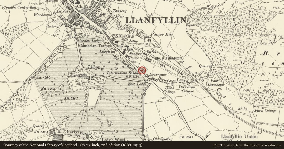 Ordnance Survey six-inch map, 2nd edition (1888–1913) covering the location of Walls, railings and gates to Former County Intermediate School, Llanfyllin, Powys, with a pin at the register's coordinates