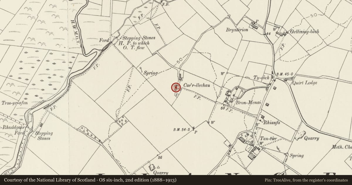 Ordnance Survey six-inch map, 2nd edition (1888–1913) covering the location of Cae'r Llechau, Rhosyr, Isle of Anglesey, with a pin at the register's coordinates