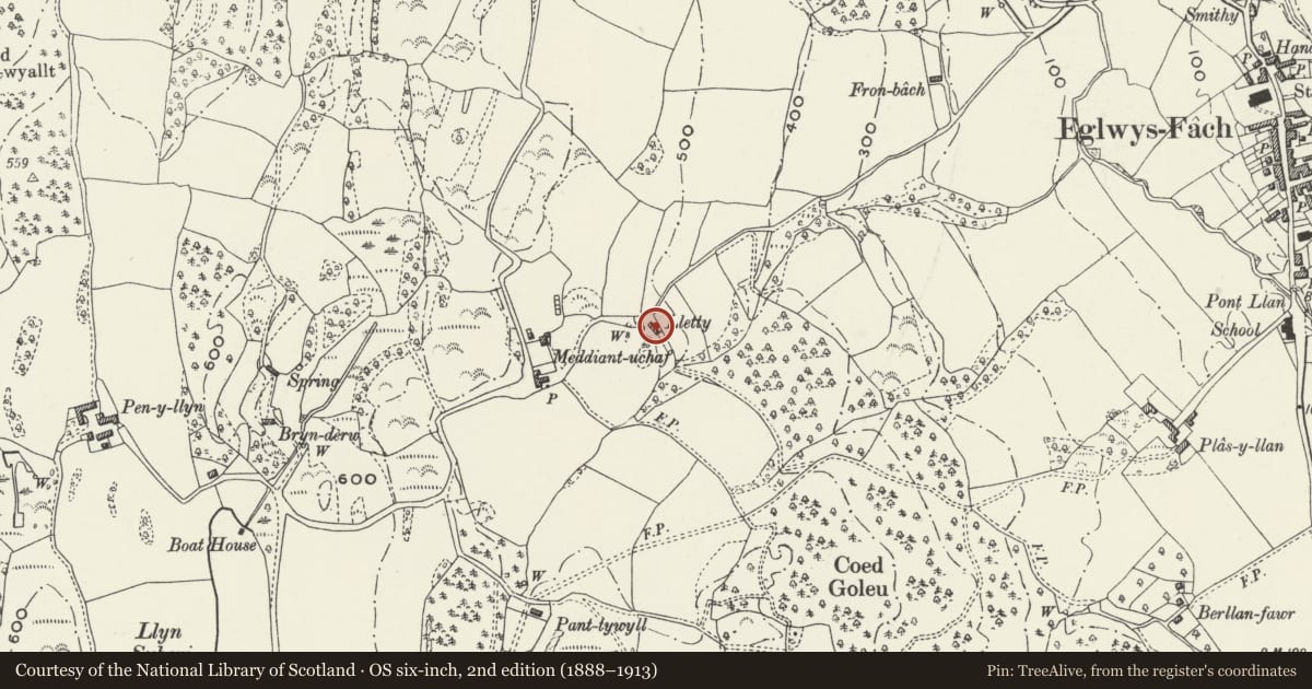 Ordnance Survey six-inch map, 2nd edition (1888–1913) covering the location of Lletty, Eglwysbach, Conwy, with a pin at the register's coordinates