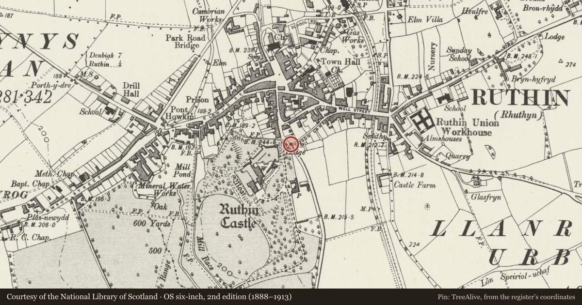 Ordnance Survey six-inch map, 2nd edition (1888–1913) covering the location of Garden Wall to W of Colomendy and S & W of Cysgod y Castell, Ruthin, Denbighshire, with a pin at the register's coordinates