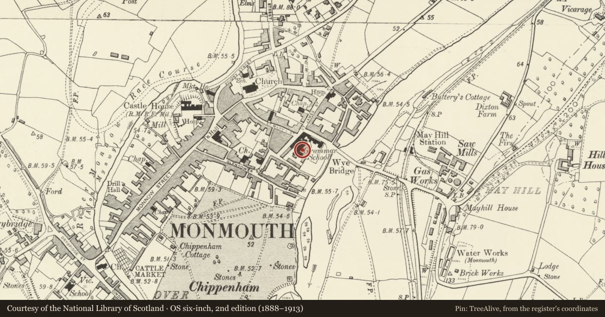 Ordnance Survey six-inch map, 2nd edition (1888–1913) covering the location of War Memorial at Monmouth Boys School, Monmouthshire, with a pin at the register's coordinates