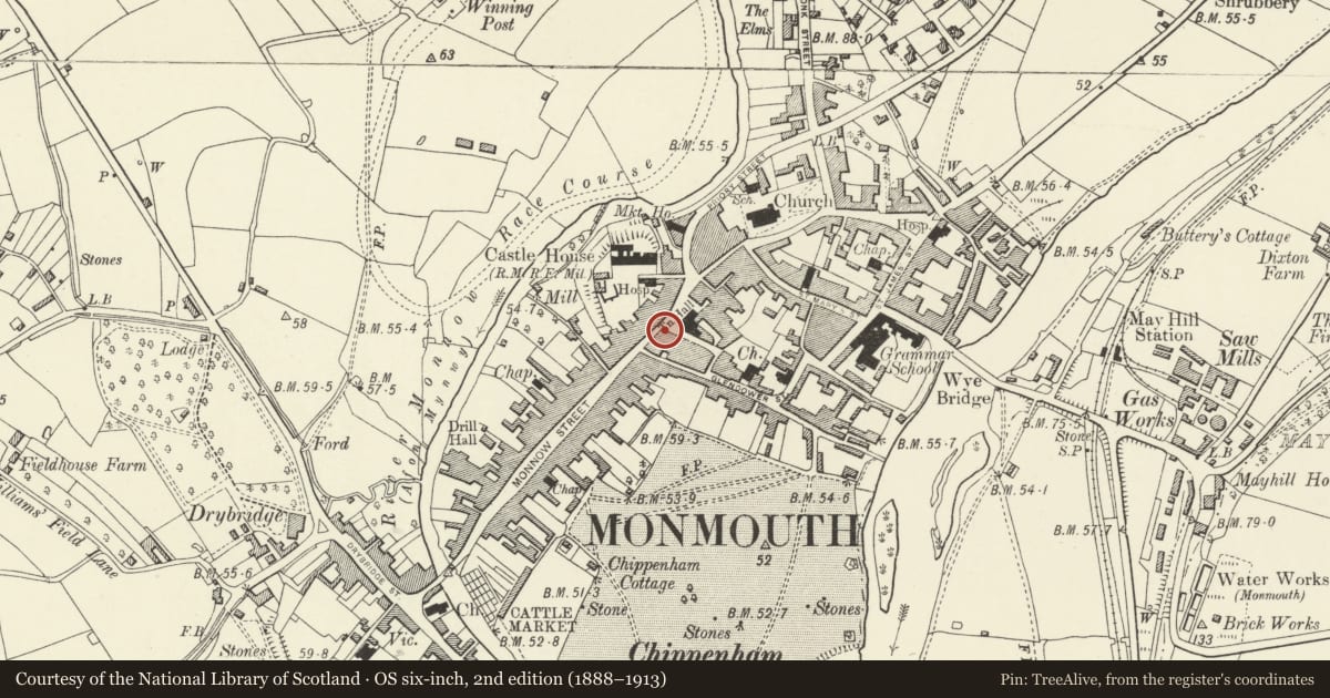 Ordnance Survey six-inch map, 2nd edition (1888–1913) covering the location of 10 Agincourt Square, Monmouth, Monmouthshire, with a pin at the register's coordinates