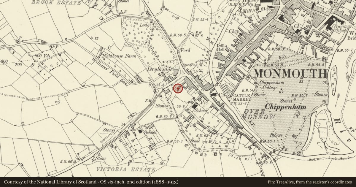 Ordnance Survey six-inch map, 2nd edition (1888–1913) covering the location of 10 Drybridge Terrace, Monmouth, Monmouthshire, with a pin at the register's coordinates