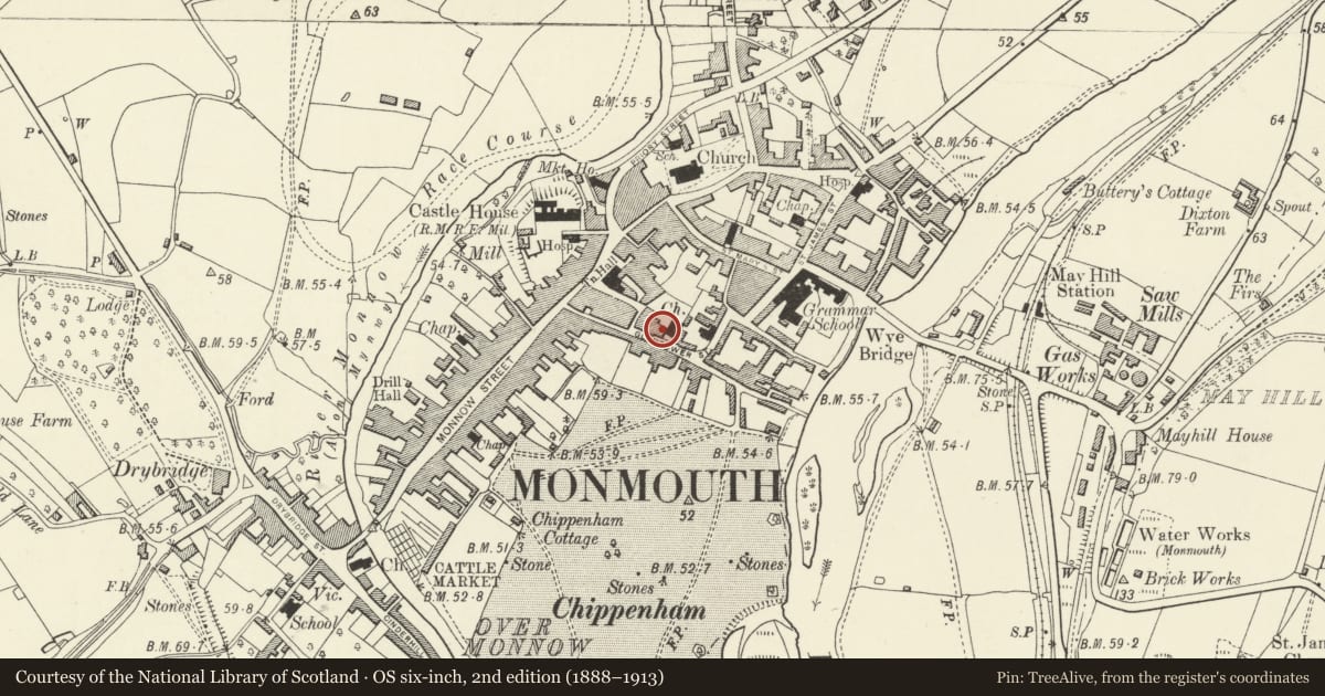 Ordnance Survey six-inch map, 2nd edition (1888–1913) covering the location of 10 Glendower Street, Monmouth, Monmouthshire, with a pin at the register's coordinates