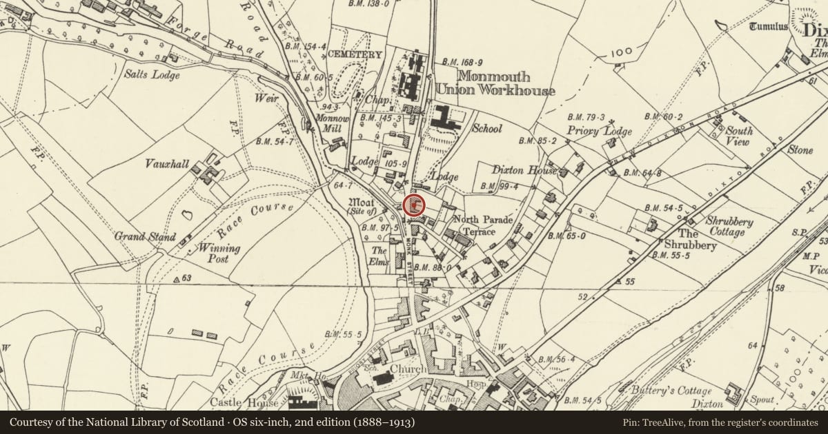 Ordnance Survey six-inch map, 2nd edition (1888–1913) covering the location of 10 Hereford Road, Monmouth, Monmouthshire, with a pin at the register's coordinates