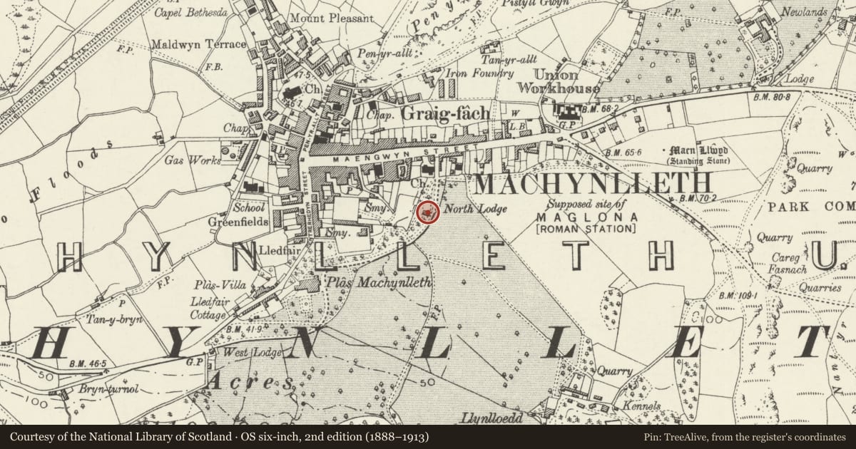 Ordnance Survey six-inch map, 2nd edition (1888–1913) covering the location of Norbury Lodge, Machynlleth, Powys, with a pin at the register's coordinates