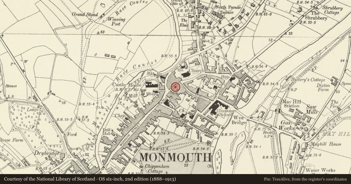Ordnance Survey six-inch map, 2nd edition (1888–1913) covering the location of 11 Church Street, Monmouth, Monmouthshire, with a pin at the register's coordinates