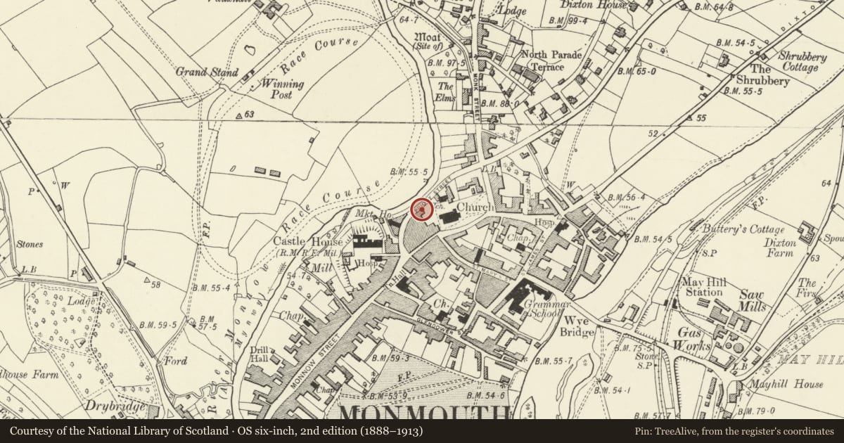 Ordnance Survey six-inch map, 2nd edition (1888–1913) covering the location of 11 Priory Street, Monmouth, Monmouthshire, with a pin at the register's coordinates