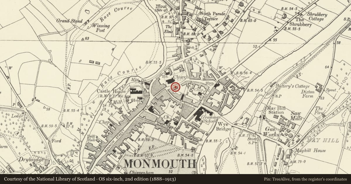 Ordnance Survey six-inch map, 2nd edition (1888–1913) covering the location of Dresden House, Monmouth, Monmouthshire, with a pin at the register's coordinates