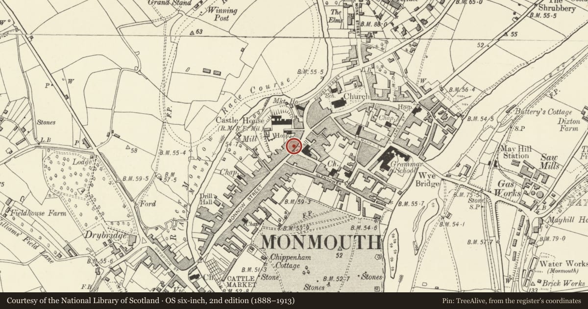 Ordnance Survey six-inch map, 2nd edition (1888–1913) covering the location of HSBC, Monmouth, Monmouthshire, with a pin at the register's coordinates