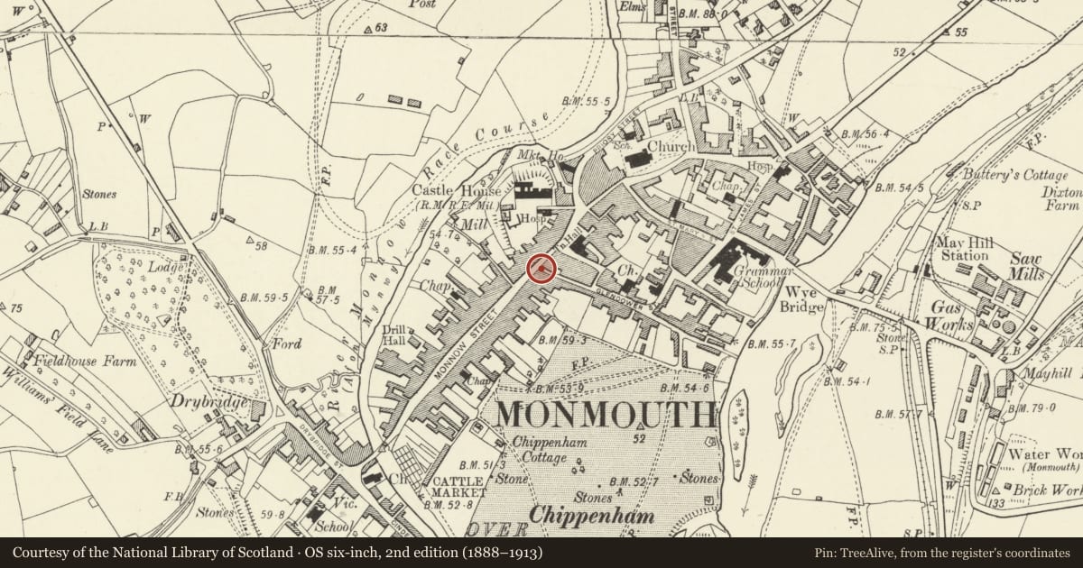 Ordnance Survey six-inch map, 2nd edition (1888–1913) covering the location of 12 Monnow Street, Monmouth, Monmouthshire, with a pin at the register's coordinates