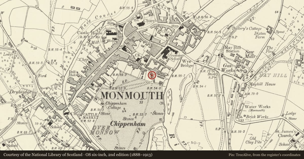 Ordnance Survey six-inch map, 2nd edition (1888–1913) covering the location of 13 Chippenhamgate Street, Monmouth, Monmouthshire, with a pin at the register's coordinates