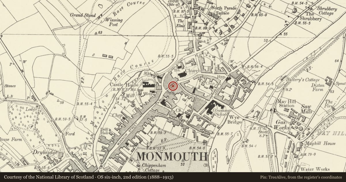 Ordnance Survey six-inch map, 2nd edition (1888–1913) covering the location of 13 Church Street, Monmouth, Monmouthshire, with a pin at the register's coordinates