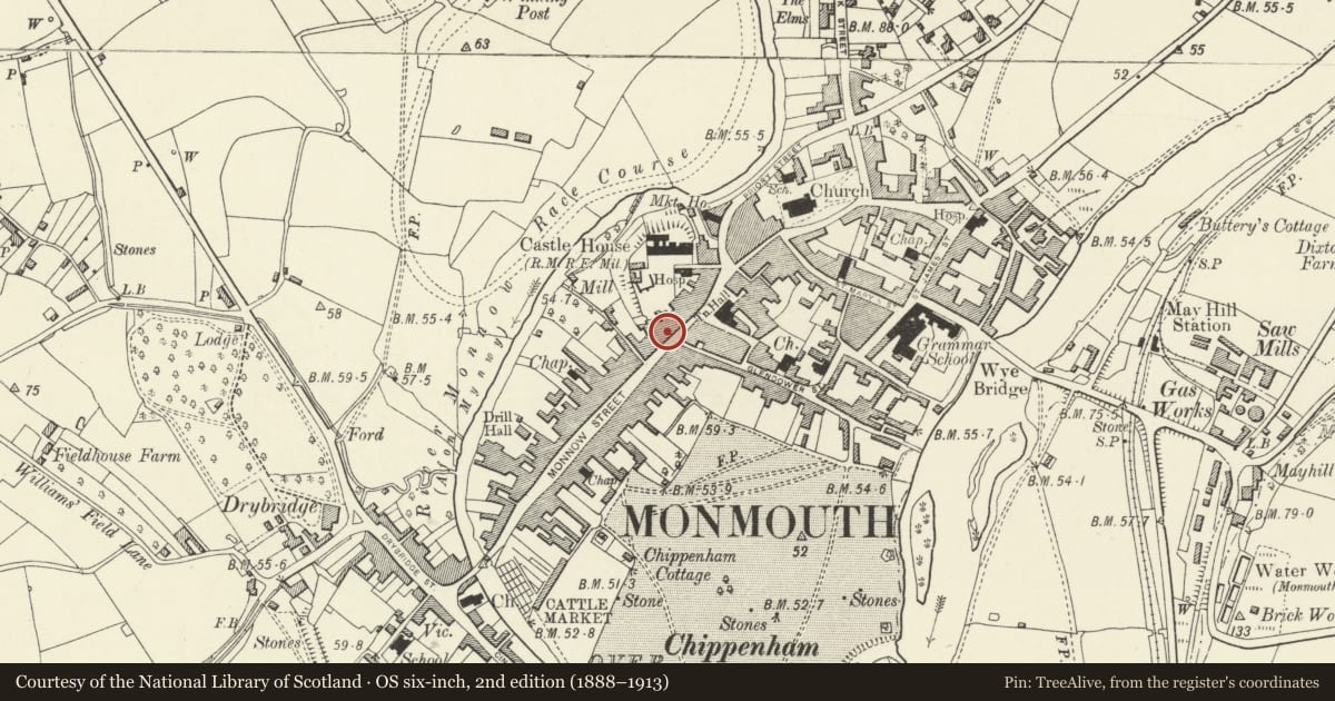 Ordnance Survey six-inch map, 2nd edition (1888–1913) covering the location of 13 Monnow Street, Monmouth, Monmouthshire, with a pin at the register's coordinates