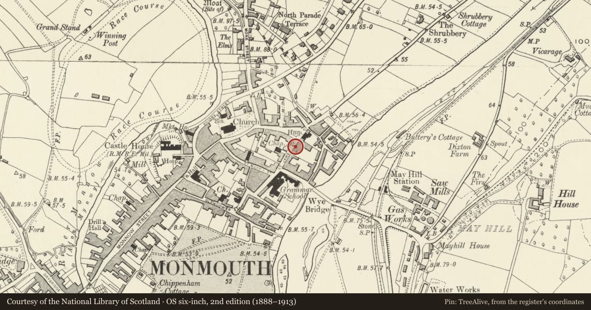 Ordnance Survey six-inch map, 2nd edition (1888–1913) covering the location of 13 St. James' Street, Monmouth, Monmouthshire, with a pin at the register's coordinates