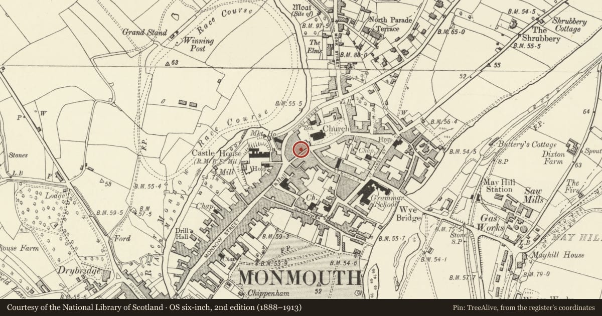 Ordnance Survey six-inch map, 2nd edition (1888–1913) covering the location of 14 Church Street, Monmouth, Monmouthshire, with a pin at the register's coordinates