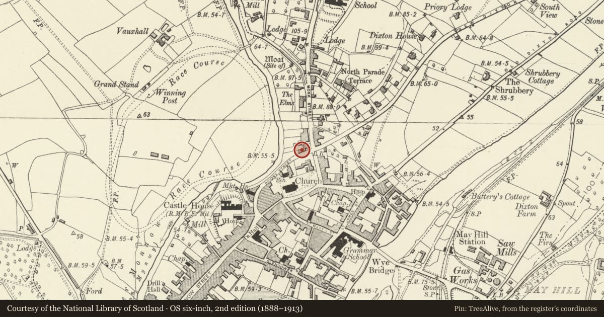 Ordnance Survey six-inch map, 2nd edition (1888–1913) covering the location of Victoria Place, Monmouth, Monmouthshire, with a pin at the register's coordinates
