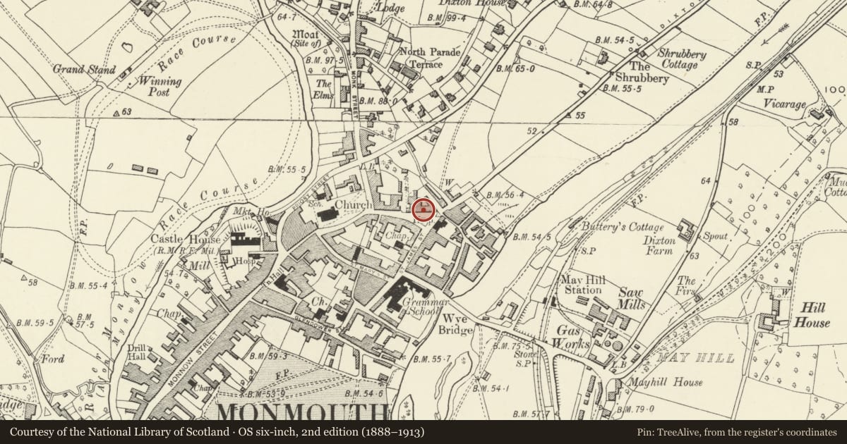 Ordnance Survey six-inch map, 2nd edition (1888–1913) covering the location of 14 St. James' Square, Monmouth, Monmouthshire, with a pin at the register's coordinates