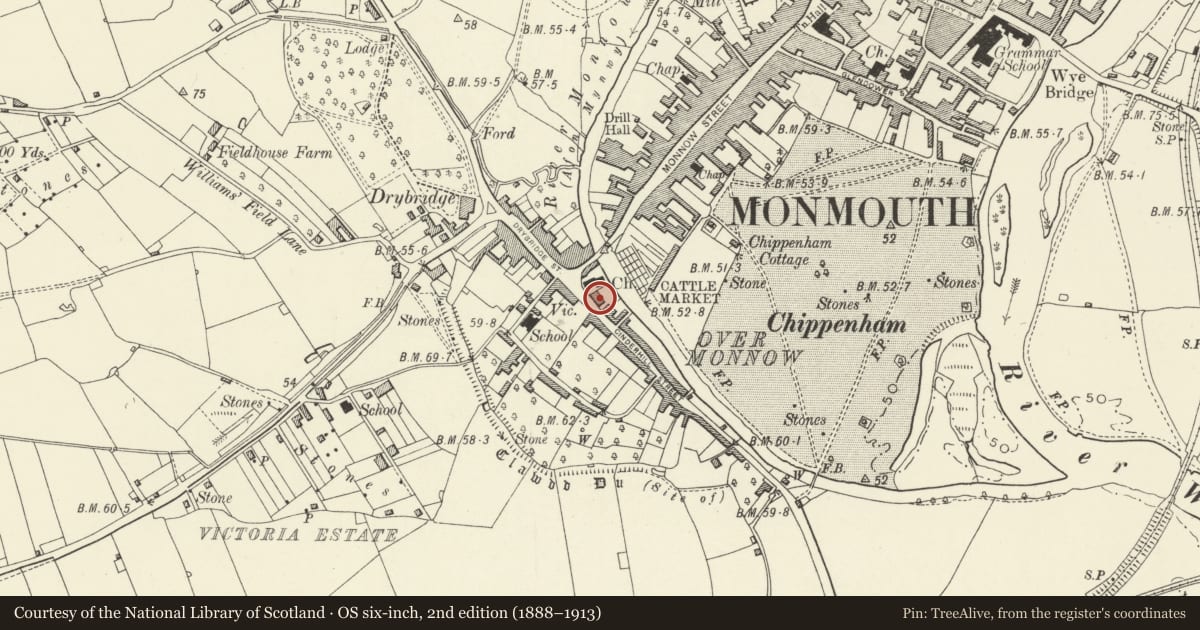 Ordnance Survey six-inch map, 2nd edition (1888–1913) covering the location of 14 St. Thomas' Square, including attached railings, Monmouth, Monmouthshire, with a pin at the register's coordinates
