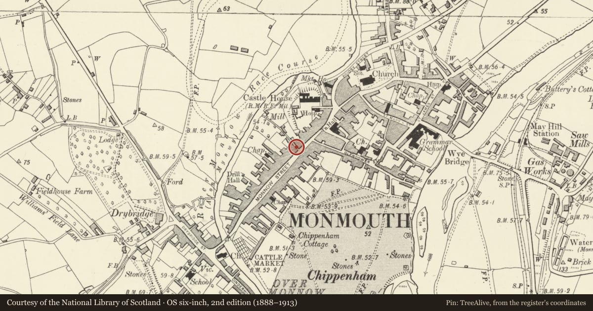Ordnance Survey six-inch map, 2nd edition (1888–1913) covering the location of 27 & 29 Monnow Street, Monmouth, Monmouthshire, with a pin at the register's coordinates