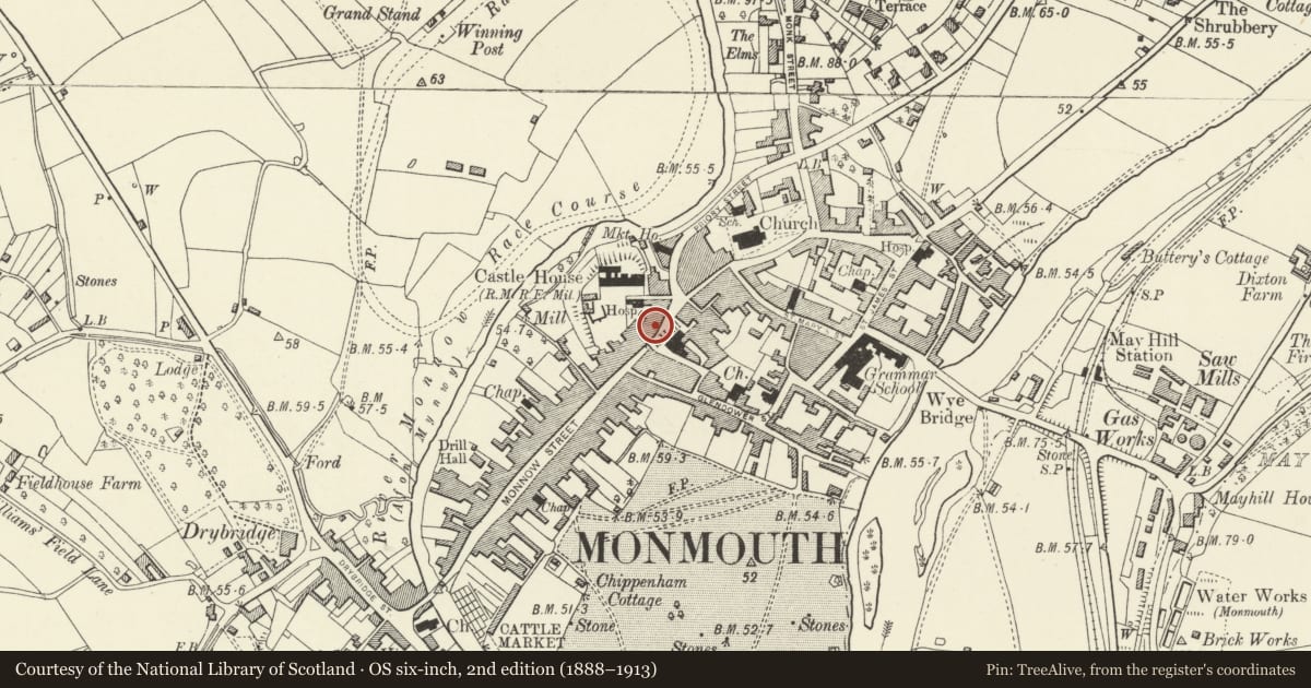 Ordnance Survey six-inch map, 2nd edition (1888–1913) covering the location of 15 Agincourt Square, Monmouth, Monmouthshire, with a pin at the register's coordinates