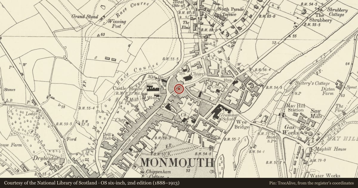 Ordnance Survey six-inch map, 2nd edition (1888–1913) covering the location of 15 Church Street, Monmouth, Monmouthshire, with a pin at the register's coordinates