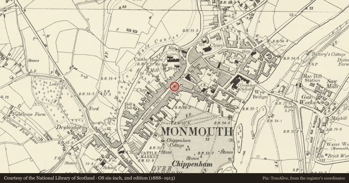 Ordnance Survey six-inch map, 2nd edition (1888–1913) covering the location of 16 Monnow Street, Monmouth, Monmouthshire, with a pin at the register's coordinates