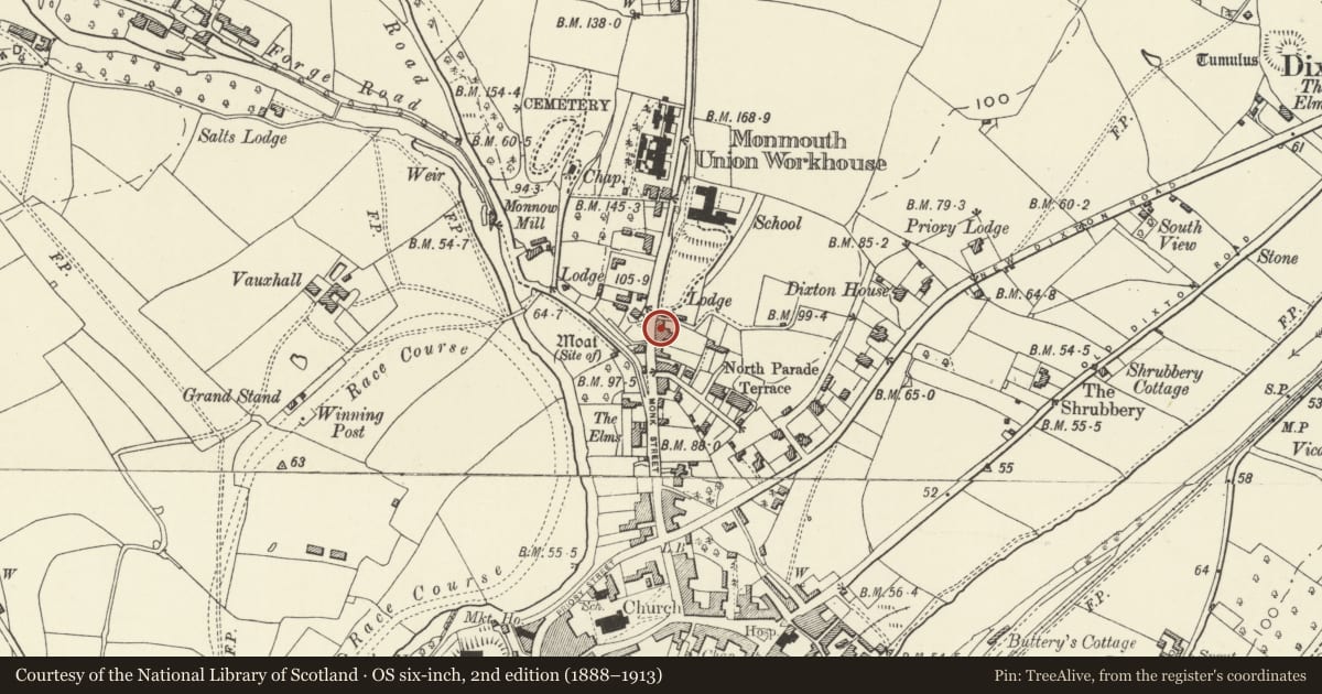 Ordnance Survey six-inch map, 2nd edition (1888–1913) covering the location of 16 Hereford Road, Monmouth, Monmouthshire, with a pin at the register's coordinates