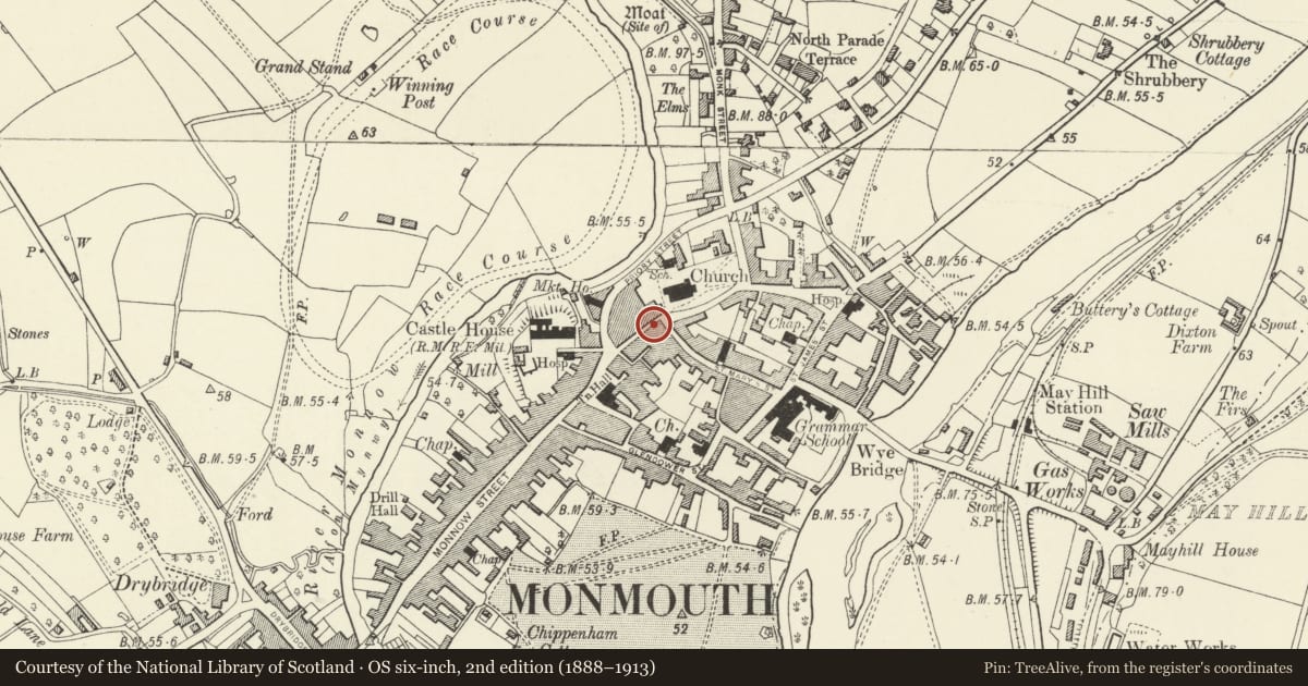 Ordnance Survey six-inch map, 2nd edition (1888–1913) covering the location of 17 Church Street, Monmouth, Monmouthshire, with a pin at the register's coordinates